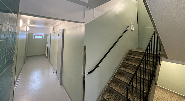 Trapphus med dörrar, kort stentrappa med räcke och nymålade väggar.