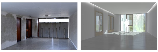 Loftgångarna inifrån i nuvarande utförande bredvid arkitektens förslag för de nya loftgångarna