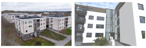 De nya loftgångarna sett utifrån bredvid ett kopplat punkthus i dess nuvarande form