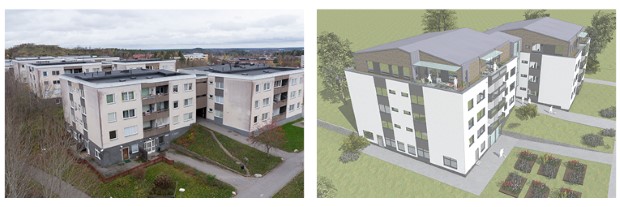 En jämförelse av husen idag och hur de ser ut med påbyggnaden
