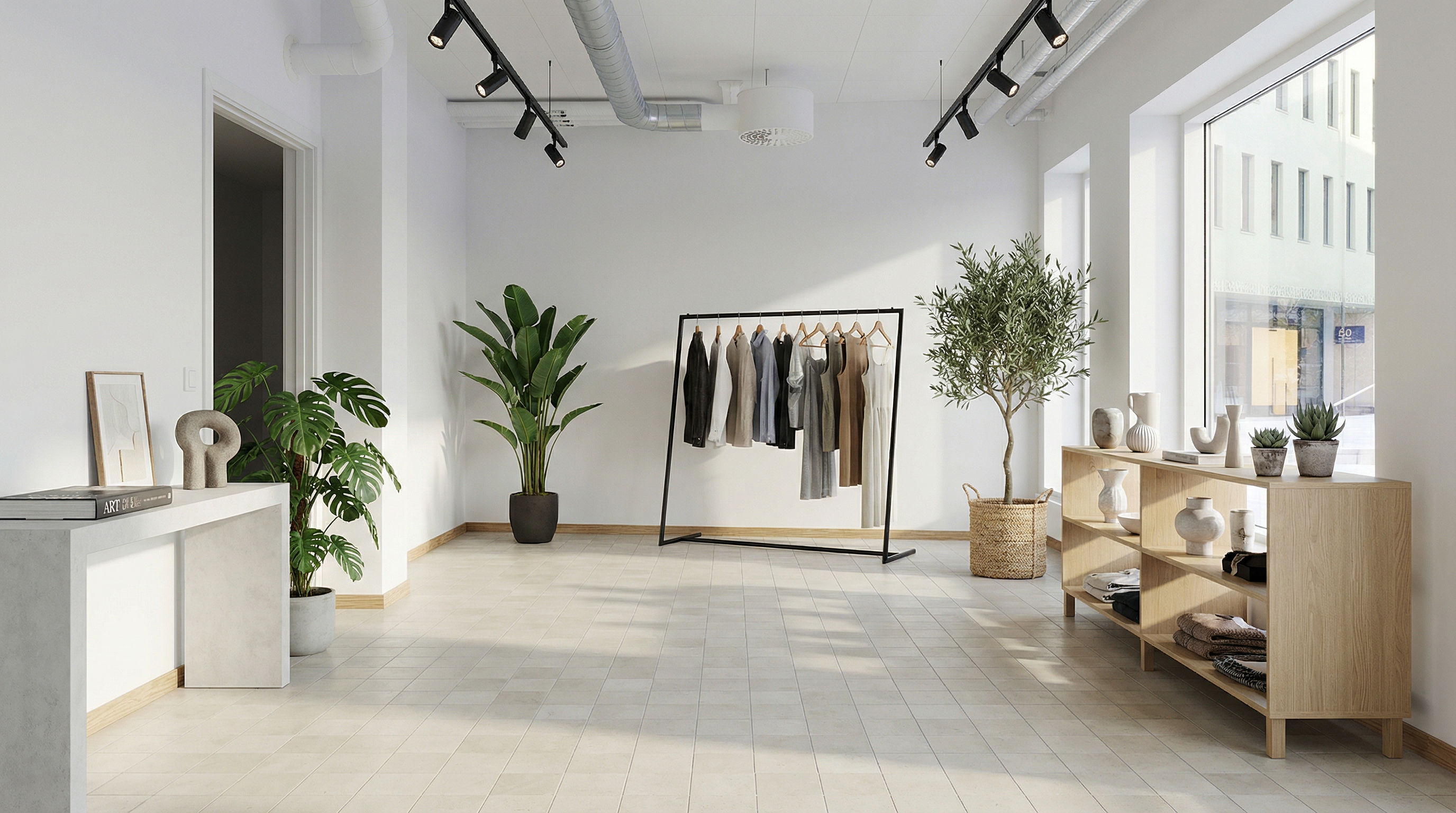 AI-redigerad visionsbild på butiksverksamhet i lokalen.