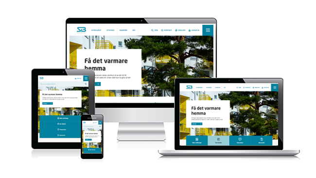 Svenska Bostäders webbplats visas i olika skärmstorlekar som dator, mobil, padda och bärbar dator