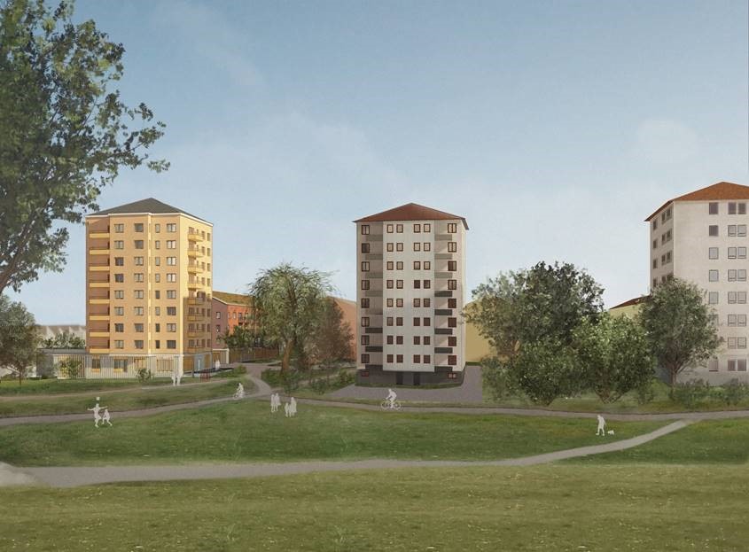 Arkitektritning. Tre flerbostadshus med en grön gräsyta framför.