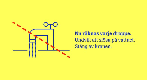 Gul illustration med text och en bild på en vattenkran.