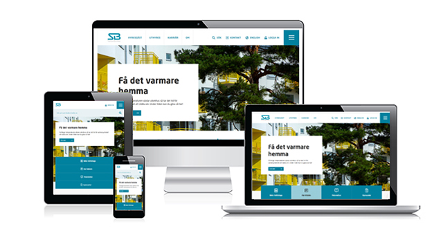 Utseendet på Svenska Bostäders nya webbplats visas upp på olika enheter.
