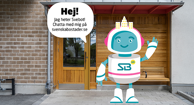 Tecknad chatbot framför en port.