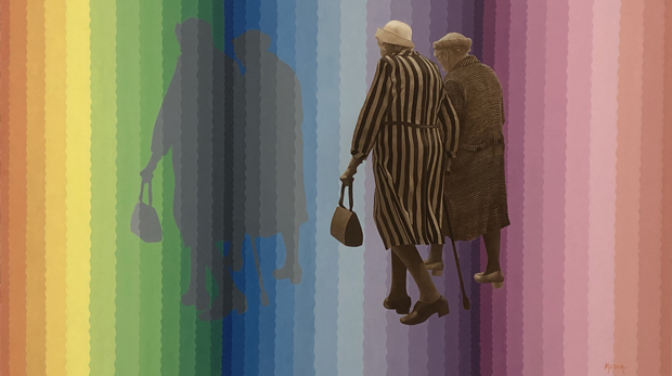 Konstverk med gammalt par mot en regnbågsfärgad bakgrund