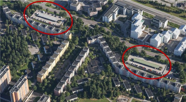 Flygbild över Akalla med området för utveckling markerat