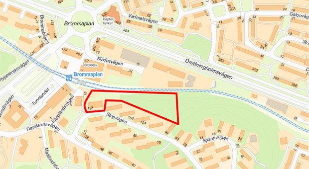 illustrerad karta med området utmärkt för cirka 200 lägenheter