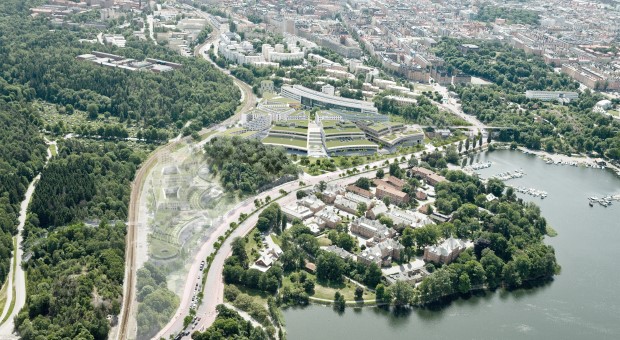Flygbild med de arkitektritade husen inritade