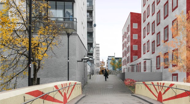 Arkitektskiss på nya huset i kvarter Oslo 9 sett från Edvard Griegsgången