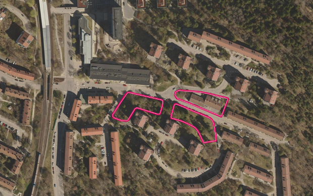 ortofoto över Björkhagen med markanvisningsområdet markerat