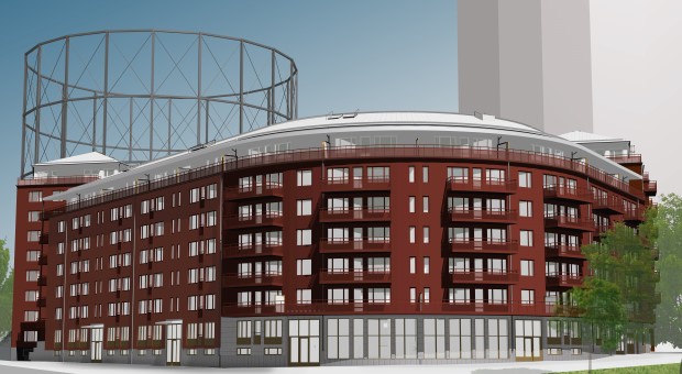 Det bågformade lamellhuset sett från torget, kvarteret Björnlandet