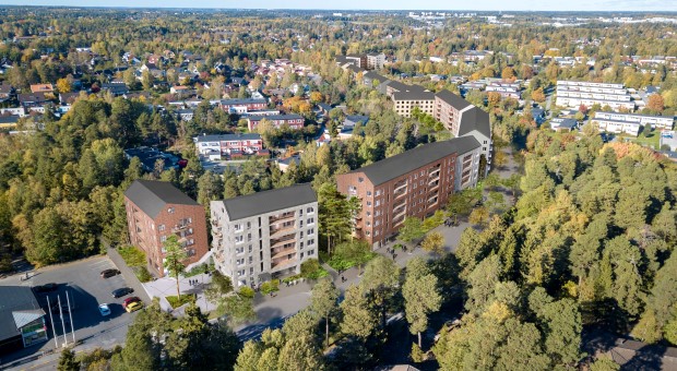 Flygvy över Björnmossevägen med planerade hus inritade