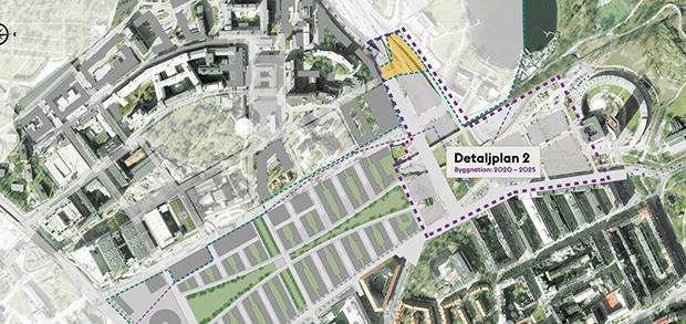 Översiktsbild över Hagastaden med området för Detaljplan 2, markanvisning för studentbostäder