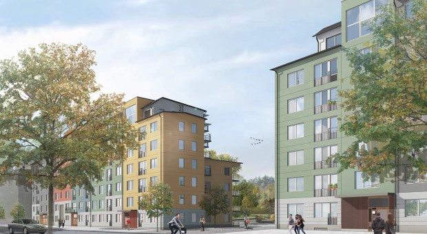 Arkitektskiss på kvarter Hundlokan och Skogsklockan