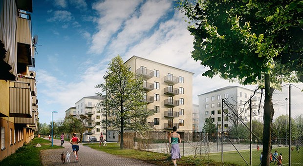 Arkitektskiss kvarteret Ledinge som byggs som Stockholmshus