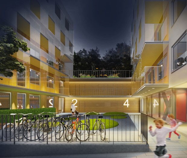Illustration över gård mellan de nybyggda husen